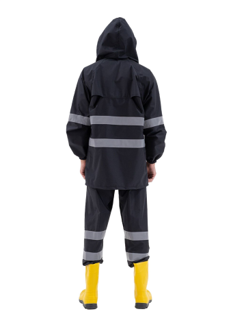 SafeSawa Ripstop Yağmurluk Pantolon Ceket Takım Siyah Reflektörlü %100 Polyester ve PU Kaplı