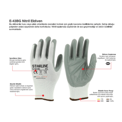 Starline E-43-BG 1/2 Nitril Kaplı İş Eldiveni Beyaz- Gri