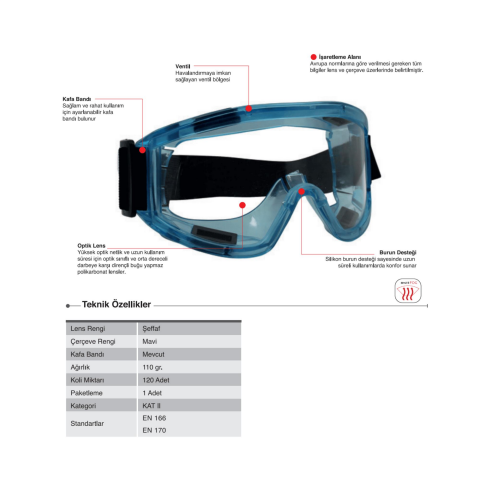 Starline G-024A-C Şeffaf Kafa Bantlı Ventilli Optik Lensli Antifog Gözlük
