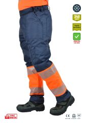 SafeSawa Alaska Hi-Vis Kapitoneli Pantolon Lacivert Neon Turuncu Segmentli Reflektörlü %100 Polyester 300D Oxford PU Kaplı