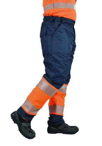SafeSawa Alaska Hi-Vis Kapitoneli Pantolon Lacivert Neon Turuncu Segmentli Reflektörlü %100 Polyester 300D Oxford PU Kaplı