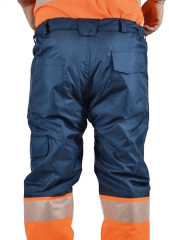 SafeSawa Alaska Hi-Vis Kapitoneli Pantolon Lacivert Neon Turuncu Segmentli Reflektörlü %100 Polyester 300D Oxford PU Kaplı