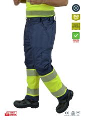 SafeSawa Alaska Hi-Vis Kapitoneli Pantolon Lacivert Neon Sarı Segmentli Reflektörlü %100 Polyester 300D Oxford PU Kaplı