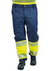 SafeSawa Alaska Hi-Vis Kapitoneli Pantolon Lacivert Neon Sarı Segmentli Reflektörlü %100 Polyester 300D Oxford PU Kaplı
