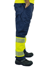 SafeSawa Alaska Hi-Vis Kapitoneli Pantolon Lacivert Neon Sarı Segmentli Reflektörlü %100 Polyester 300D Oxford PU Kaplı