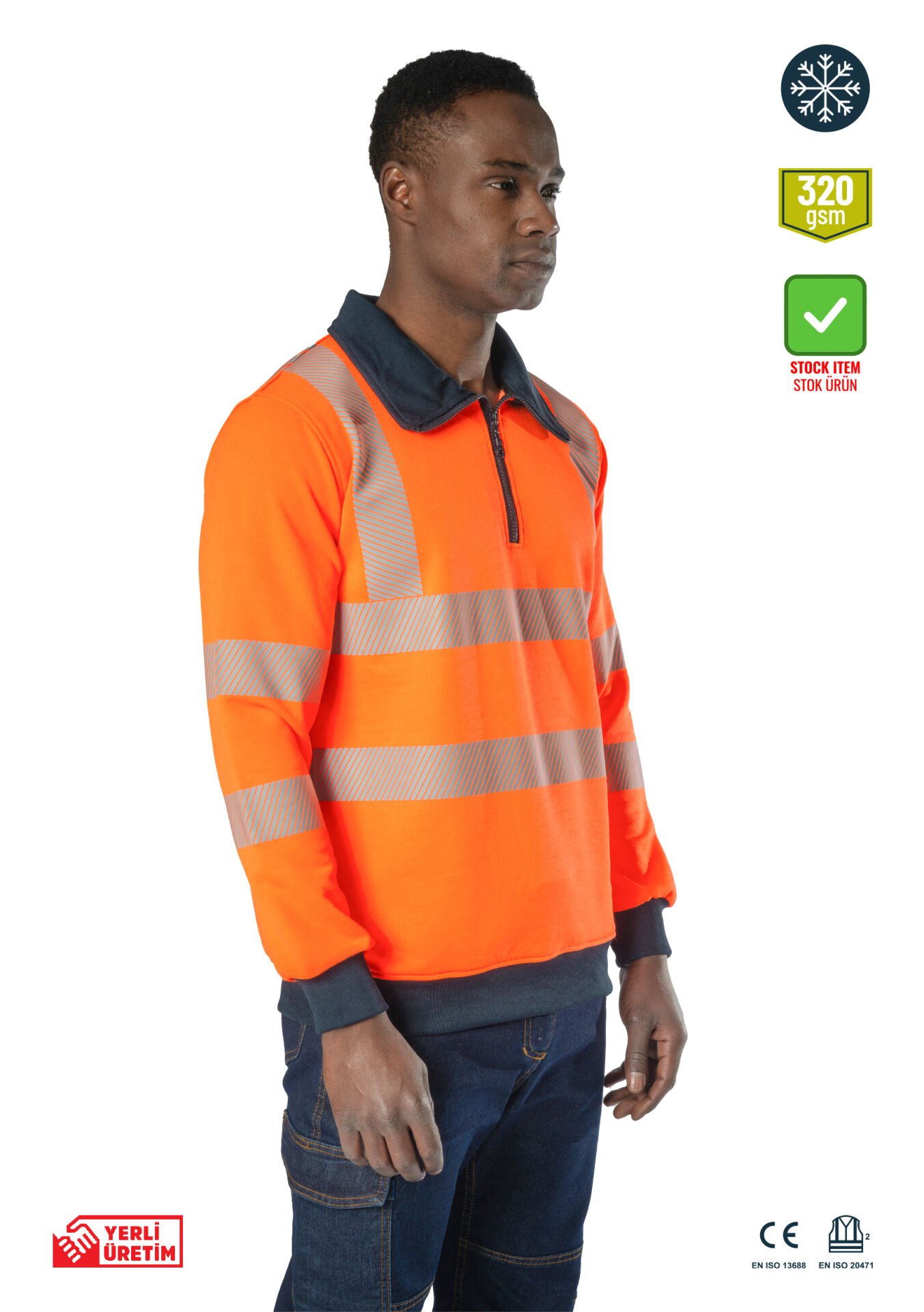SafeSawa Alaska Hi-Vis Yarım Fermuarlı Polo Yaka Sweatshirt Neon Turuncu Segmentli Reflektörlü