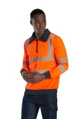 SafeSawa Alaska Hi-Vis Yarım Fermuarlı Polo Yaka Sweatshirt Neon Turuncu Segmentli Reflektörlü