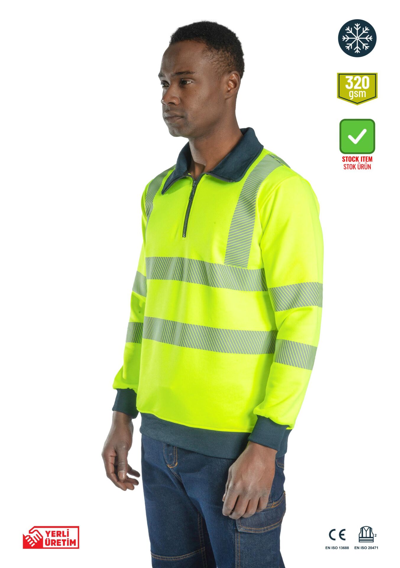 SafeSawa Alaska Hi-Vis Yarım Fermuarlı Polo Yaka Sweatshirt Neon Sarı Segmentli Reflektörlü