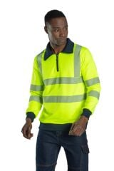 SafeSawa Alaska Hi-Vis Yarım Fermuarlı Polo Yaka Sweatshirt Neon Sarı Segmentli Reflektörlü