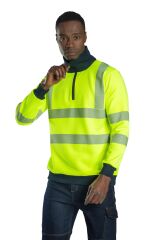 SafeSawa Alaska Hi-Vis Yarım Fermuarlı Polo Yaka Sweatshirt Neon Sarı Segmentli Reflektörlü