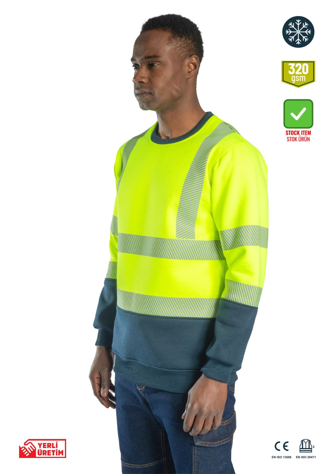 SafeSawa Alaska Hi-Vis Bisiklet Yaka Sweatshirt Neon Sarı Lacivert İçi Polarlı Segmentli Reflektörlü
