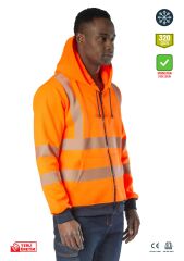 SafeSawa Alaska Hi-Vis Fermuarlı Kapüşonlu Sweatshirt Neon Turuncu İçi Polarlı Segmentli Reflektörlü