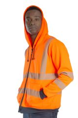 SafeSawa Alaska Hi-Vis Fermuarlı Kapüşonlu Sweatshirt Neon Turuncu İçi Polarlı Segmentli Reflektörlü