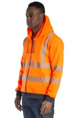 SafeSawa Alaska Hi-Vis Fermuarlı Kapüşonlu Sweatshirt Neon Turuncu İçi Polarlı Segmentli Reflektörlü