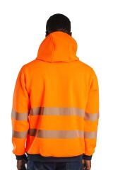 SafeSawa Alaska Hi-Vis Fermuarlı Kapüşonlu Sweatshirt Neon Turuncu İçi Polarlı Segmentli Reflektörlü
