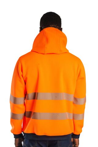 SafeSawa Alaska Hi-Vis Fermuarlı Kapüşonlu Sweatshirt Neon Turuncu İçi Polarlı Segmentli Reflektörlü