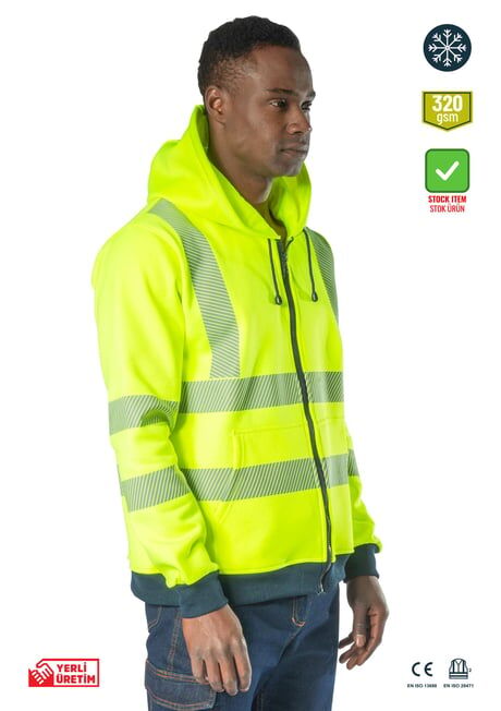 SafeSawa Alaska Hi-Vis Fermuarlı Kapüşonlu Sweatshirt Neon Sarı İçi Polarlı Segmentli Reflektörlü