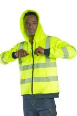 SafeSawa Alaska Hi-Vis Fermuarlı Kapüşonlu Sweatshirt Neon Sarı İçi Polarlı Segmentli Reflektörlü