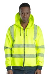 SafeSawa Alaska Hi-Vis Fermuarlı Kapüşonlu Sweatshirt Neon Sarı İçi Polarlı Segmentli Reflektörlü