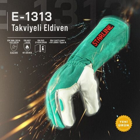 Starline Cilt Deri  Takviyeli 100° Temas Isı Dirençli İş Eldiveni EN388-3223X EN407-413X4X EN 12477 TYPE A 35 Cm