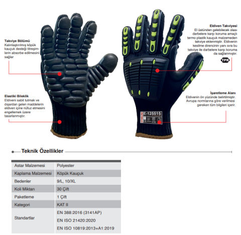 Starline E-125515 Polyester Astar - Köpük Kauçuk Vibrasyon Eldiveni EN ISO 10819 EN 388:3141A