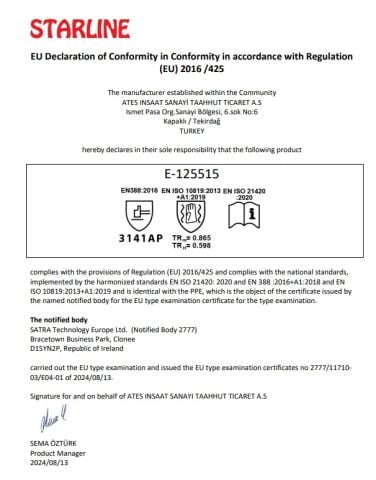 Starline E-125515 Polyester Astar - Köpük Kauçuk Vibrasyon Eldiveni EN ISO 10819 EN 388:3141A