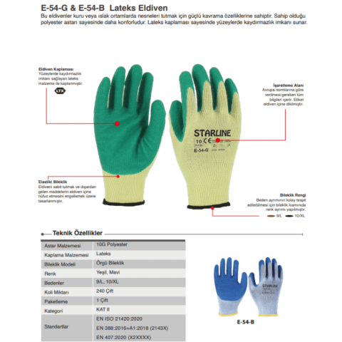 Starline E-54-B 1/2 Lateks Kaplı Polyester Astarlı Kaydırmaz Camcı İş Eldiveni EN388-2132X