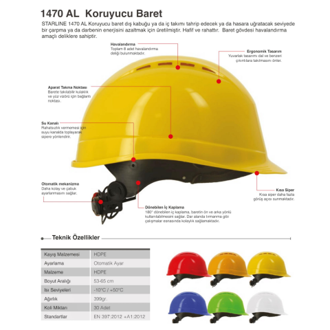 Starline 1470-AL Havalandırmalı Vizör ve Kulaklık Takılabilir Vidalı Baret Turuncu 53-65 cm