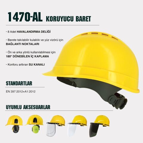 Starline 1470-AL Havalandırmalı Vizör ve Kulaklık Takılabilir Vidalı Baret Beyaz 53-65 cm