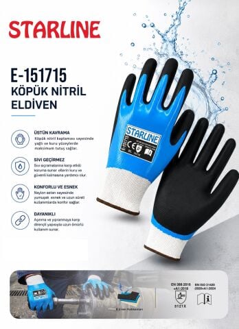 Starline E-151715 Tam Köpük Nitril + 3/4 Nitril Kaplı Sıvı Geçirmez İş Eldiveni EN388-3121X