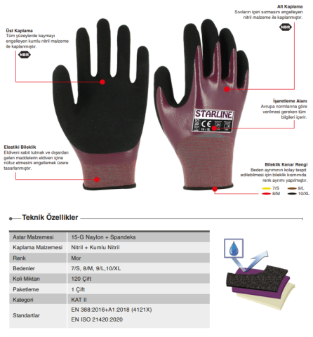 Starline E-151615 Tam Köpük Nitril + Nitril Kaplı İş Eldiven EN388-4121X