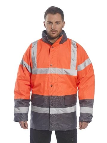 Portwest S467 Hi-Vis Yüksek Görünürlüklü Turuncu Lacivert Trafik Parka Kaban