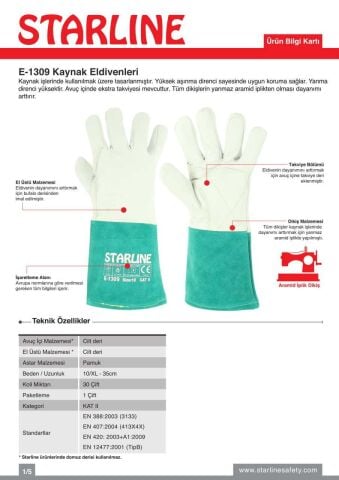 Starline E-1309 250° Isı Temasına Dayanıklı Aramid (Kevlar) İplik Dikişli Cilt Deri Kaynakçı İş Eldiveni