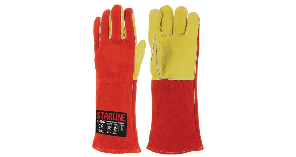 Starline E-1307 Avuç İçi Ve Baş Parmak Takviyeli Yarma Deri Yanmaz Aramid (Kevlar) Dikişli Yüksek Isıya Dayanıklı İş Eldiveni Kırmızı Sarı EN388-2112X EN407-42314X