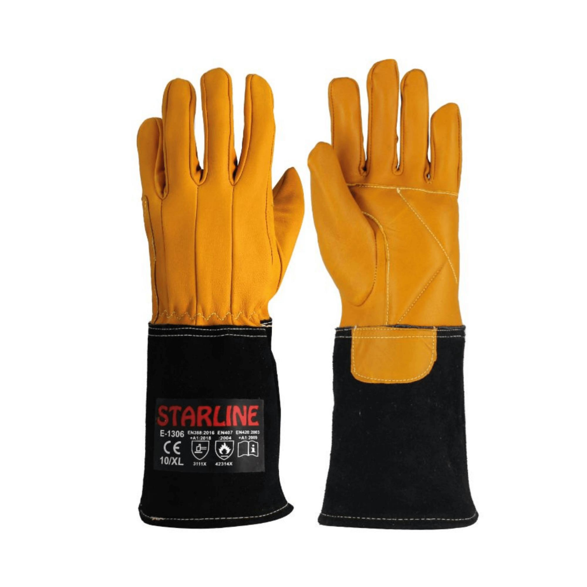 Starline E-1306 Avuç İçi Takviyeli Cilt Deri Aramid (Kevlar) Dikişli Astarsız Yüksek Isıya Dayanıklı İş Eldiveni Turuncu Siyah EN388-3111X EN407-42314X