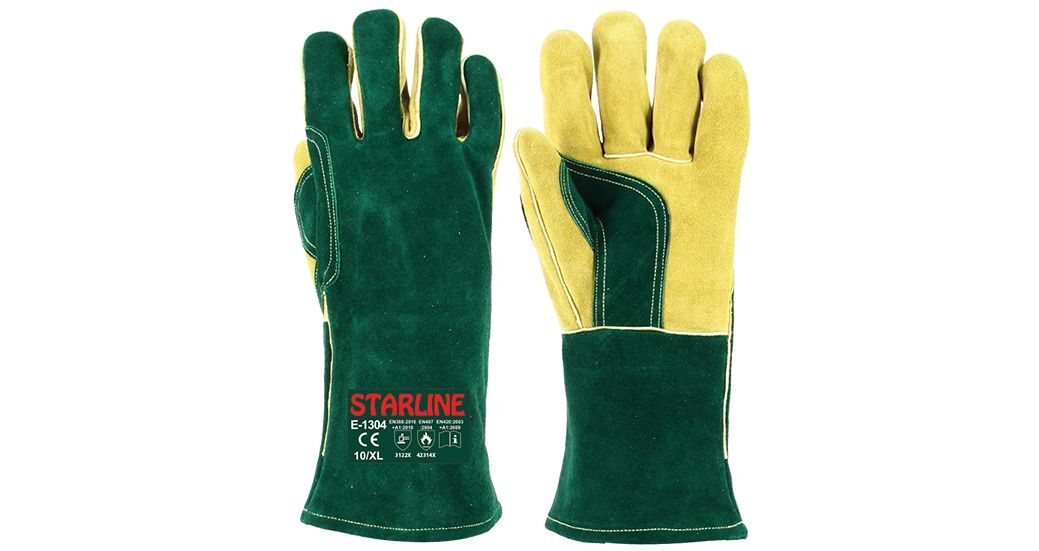Starline E-1304 Avuç İçi Ve Baş Parmak Takviyeli Yarma Deri Yanmaz Aramid (Kevlar) Dikişli Yüksek Isıya Dayanıklı İş Eldiveni Yeşil Sarı EN388-3122X EN407-42314X