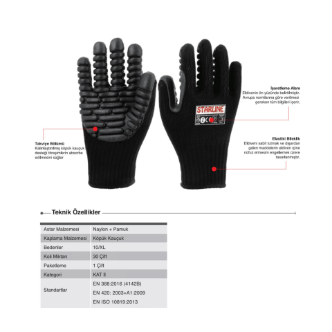 Starline E-125415 Kauçuk Kaplı Pamuk Astarlı Anti-Vibrasyon Eldiveni