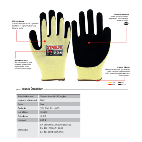 Starline E-115100 1/2 Nitril Kaplı Aramid (Kevlar) Fiberglas Astarlı 100° Isıya Dayanıklı B Kesilmez İş Eldiveni EN388-4231B EN407-X1XXXX