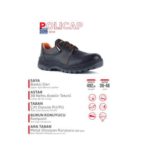 Mekap Pro Policap 106 S2 SRC ESD Baskılı Deri Fiberglass Burun İş Ayakkabısı