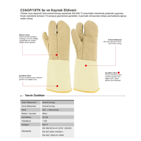 Starline C2AGP/18TK 500° Yüksek Isı Temasına Dayanıklı 3 Parmaklı Aramid (Kevlar) Eldiven 35cm EN388-3243X EN407-443321