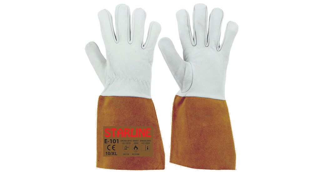 Starline E-101 100° Isı Temasına Dayanıklı Aramid (Kevlar) İplik Dikişli Cilt Deri İş Eldiven EN388-2X11X EN407-41314X Beyaz / Kahverengi