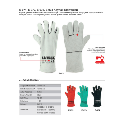 Starline E-072 100° Isı Temasına Dayanıklı Deri Eldiven Kırmızı EN388-3122X EN407-41314X