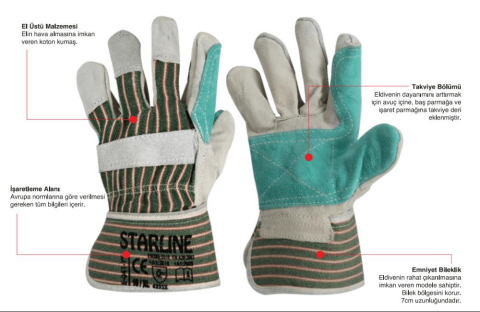 Starline E-041-YS Takviyeli Yarma Deri Eldiven 7cm Bileklik EN388-2122X