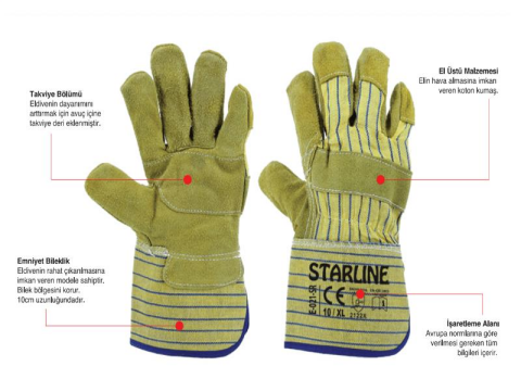 Starline E-021-SR Avuç İçi Takviyeli Yarma Deri Eldiven 10cm Bileklik EN388-2122X