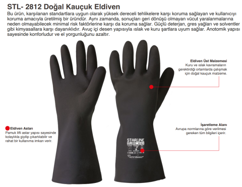 Starline STL-2812 Doğal Kauçuk Kimyasal Eldiven Kalınlık : 0,80mm Uzunluk : 310mm EN388-3111X EN ISO 374-1 AKLMNOPT EN374-5