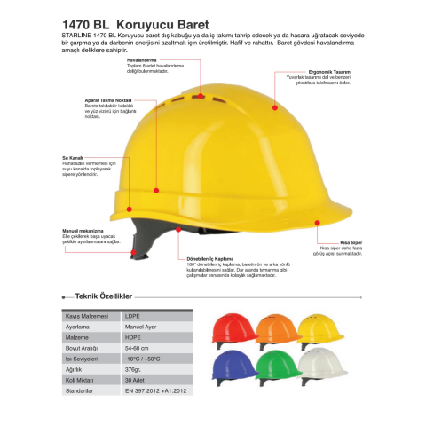 Starline 1470-BL Havalandırmalı Sürgülü Baret Mavi 54-60 cm