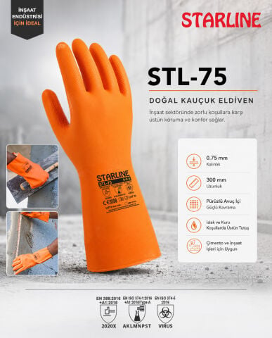 Starline STL-75 Doğal Kauçuk Kimyasal Eldiven  Kalınlık : 075mm Uzunluk : 300mm EN388-2020X EN ISO 374-1 AKLMNPST EN374-5
