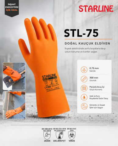 Starline STL-75 Doğal Kauçuk Kimyasal Eldiven  Kalınlık : 075mm Uzunluk : 300mm EN388-2020X EN ISO 374-1 AKLMNPST EN374-5
