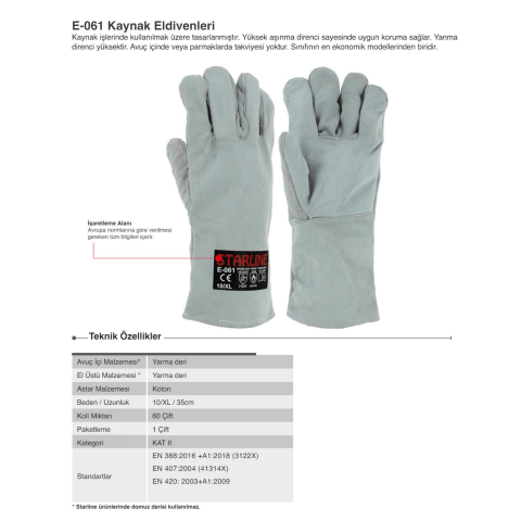 Starline E-061 100° Isı Temasına Dayanıklı Deri Eldiven Gri EN388-3122X EN407-41314X