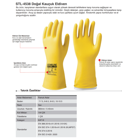 Starline STL-4538 Doğal Kauçuk Pamuk Astarlı Kimyasal İş Eldiveni Kalınlık: 0.45 mm, Uzunluk: 380 mm - KLMPST